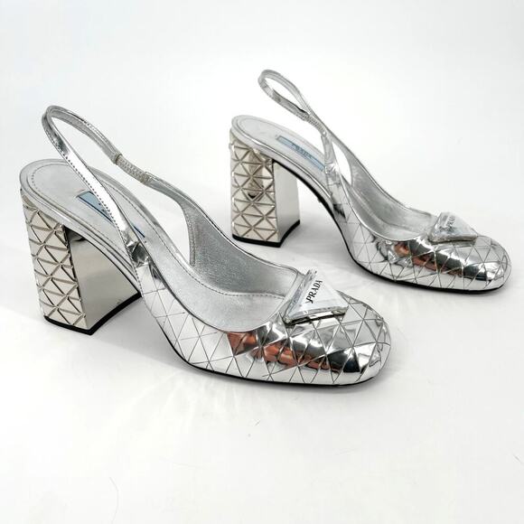 Prada Geometric Silver Metallic Logo Triangle Slingback Pumps In Argento IT 38 - Picture 1 of 13